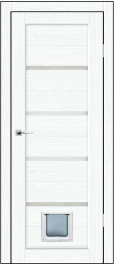 Межкомнатная дверь Synergy Биланчино Вуд Тангент Айс стекло сатин с белой дверцей для животного